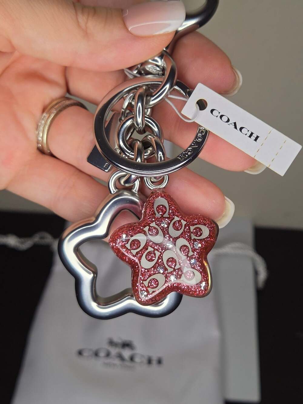 Coach CW489 Signature Star Bag Charm Keychain Fob Silver / Pink Petal